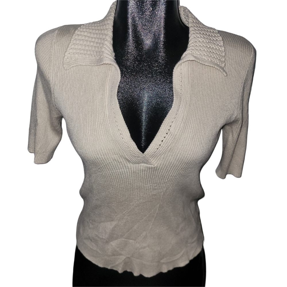 H By Halston Cream V Neck Short Sleeve Ribbed Knit Top With Crochet Collar M